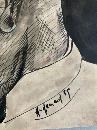 Dessin Encre 1959 Portrait Tête De Homme Barbe À Identifier Ancien Art