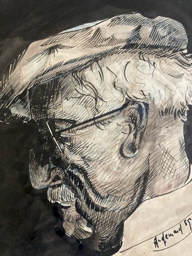 Dessin Encre 1959 Portrait Tête De Homme Barbe À Identifier Ancien Art