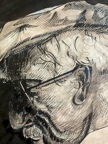 Dessin Encre 1959 Portrait Tête De Homme Barbe À Identifier Ancien Art
