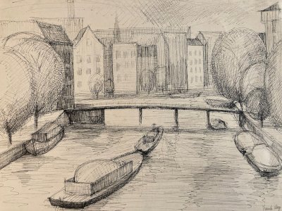 Dessin encre 1960  Amsterdam Canal Hollande Ancien Frank Hage Artiste