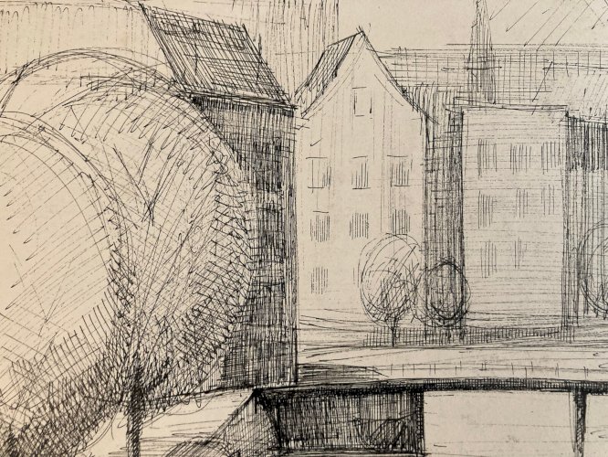 Dessin encre 1960  Amsterdam Canal Hollande Ancien Frank Hage Artiste
