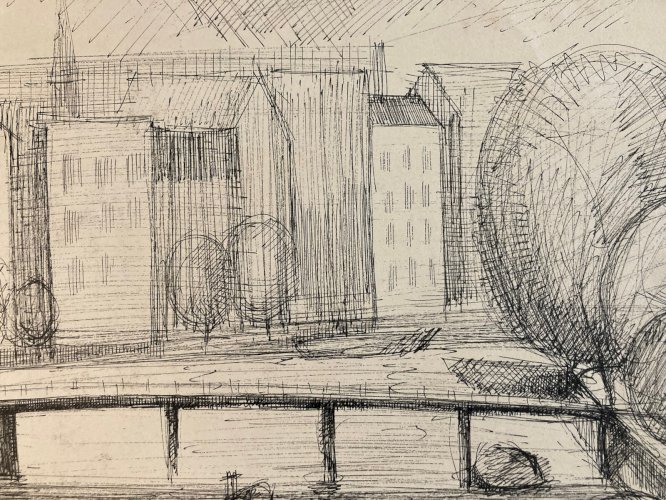 Dessin encre 1960  Amsterdam Canal Hollande Ancien Frank Hage Artiste