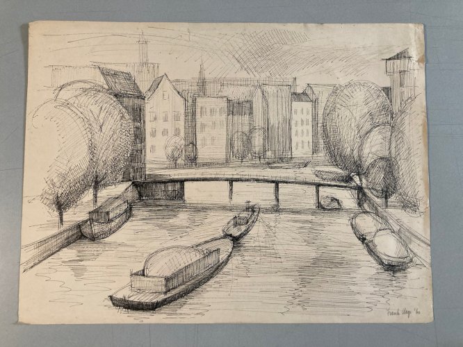 Dessin encre 1960  Amsterdam Canal Hollande Ancien Frank Hage Artiste