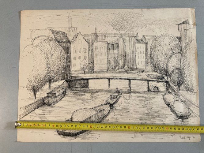 Dessin encre 1960  Amsterdam Canal Hollande Ancien Frank Hage Artiste