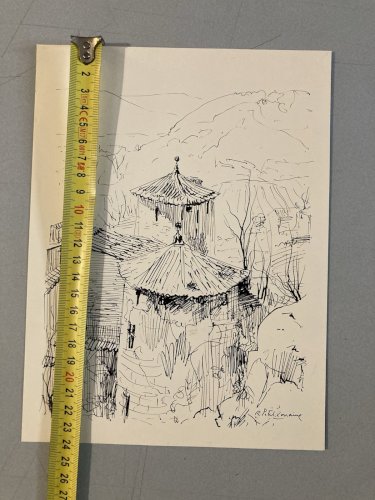 Dessin encre 1970 Château Ruines robert petit lorraine ancien Art Village