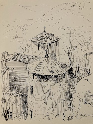 Dessin encre 1970 Château Ruines robert petit lorraine ancien Art Village