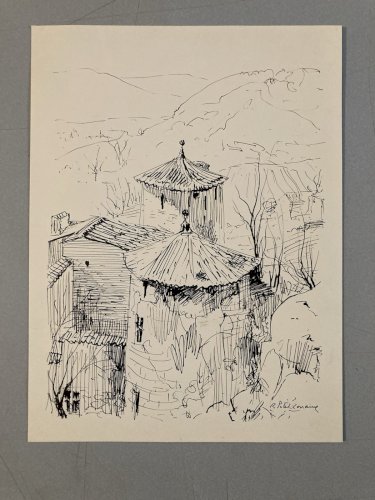 Dessin encre 1970 Château Ruines robert petit lorraine ancien Art Village
