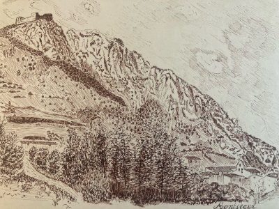 Dessin encre 1980 À Identifier Montsegur Cathare Pierre  Château Ruines Art