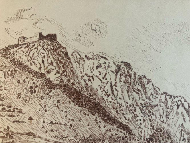 Dessin encre 1980 À Identifier Montsegur Cathare Pierre  Château Ruines Art