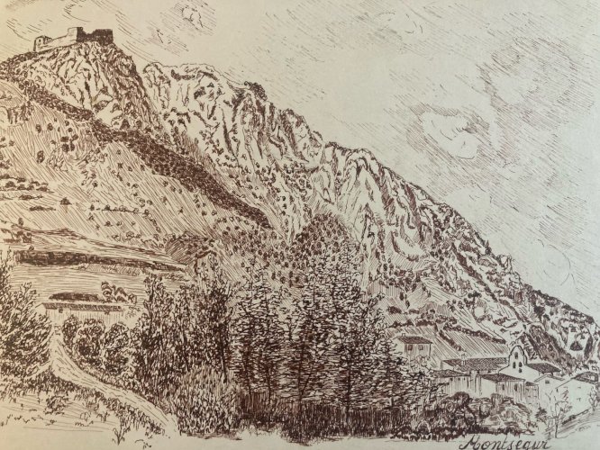 Dessin encre 1980 À Identifier Montsegur Cathare Pierre  Château Ruines Art