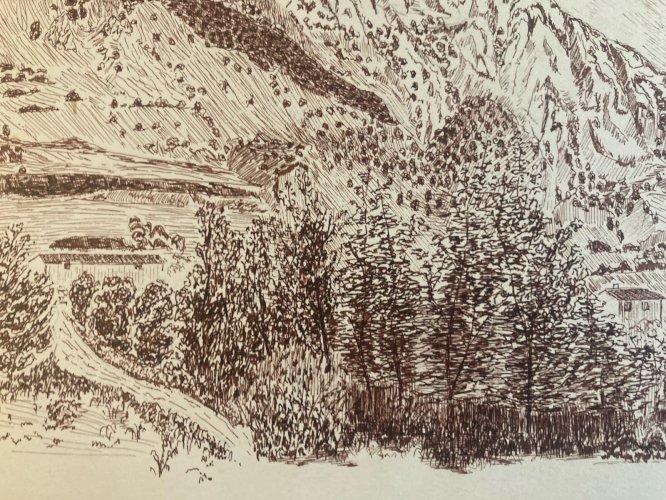 Dessin encre 1980 À Identifier Montsegur Cathare Pierre  Château Ruines Art