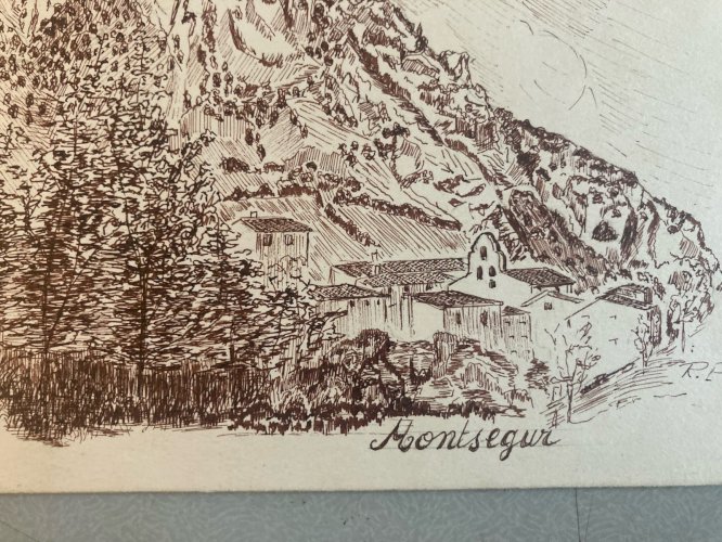 Dessin encre 1980 À Identifier Montsegur Cathare Pierre  Château Ruines Art