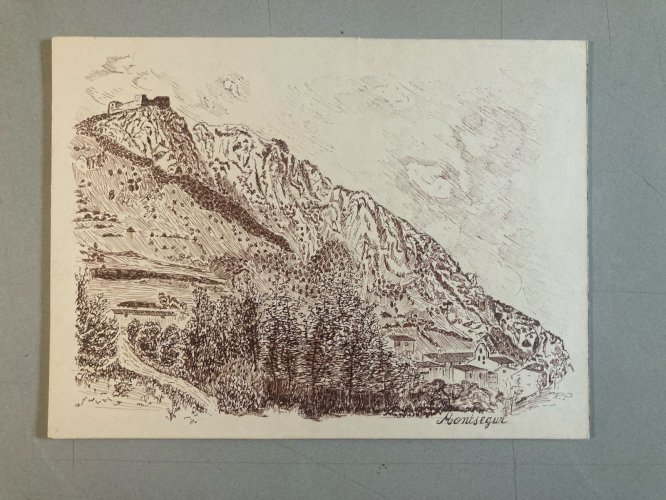 Dessin encre 1980 À Identifier Montsegur Cathare Pierre  Château Ruines Art