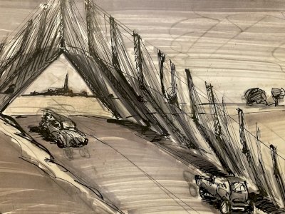 Dessin  Encre 1980 Pont Voiture Route A Identifier Transport Expressionnisme Art
