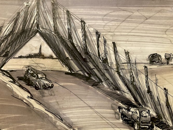 Dessin  Encre 1980 Pont Voiture Route A Identifier Transport Expressionnisme Art