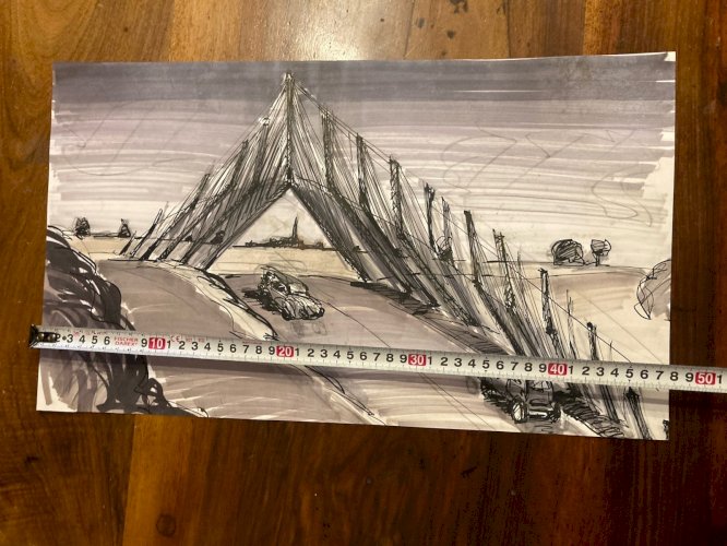 Dessin  Encre 1980 Pont Voiture Route A Identifier Transport Expressionnisme Art