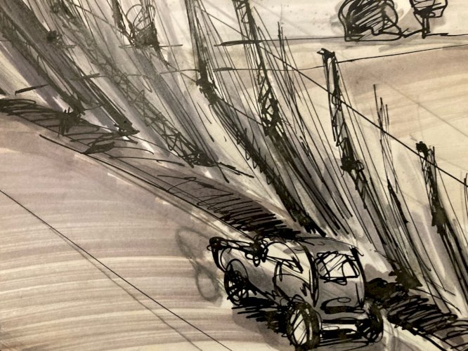 Dessin  Encre 1980 Pont Voiture Route A Identifier Transport Expressionnisme Art