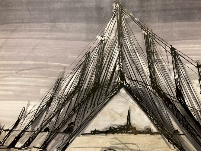 Dessin  Encre 1980 Pont Voiture Route A Identifier Transport Expressionnisme Art