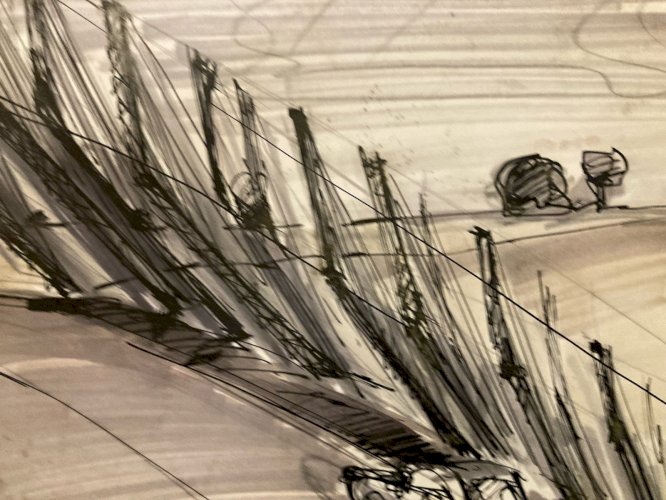Dessin  Encre 1980 Pont Voiture Route A Identifier Transport Expressionnisme Art