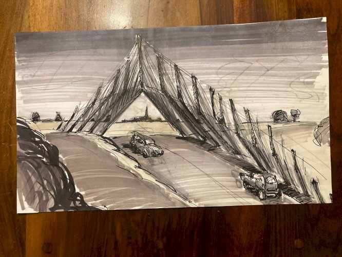 Dessin  Encre 1980 Pont Voiture Route A Identifier Transport Expressionnisme Art