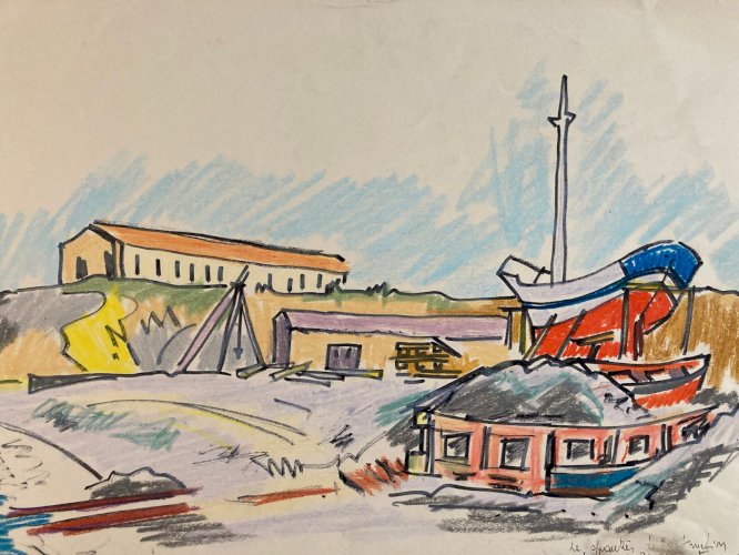 Dessin Encre Aquarelle Technique Mixte  Mer Bateau Pêche Chantier Naval Art