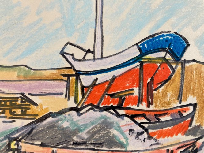 Dessin Encre Aquarelle Technique Mixte  Mer Bateau Pêche Chantier Naval Art