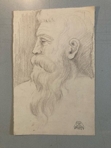 Dessin Encre  Crayon Homme Barbe 1950 A Identifier Ancien Art Signé