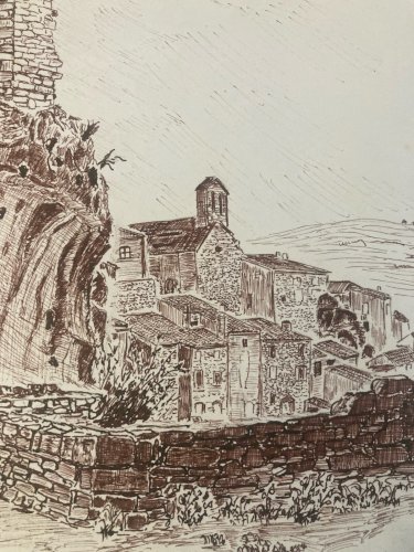 Dessin Encre Lavis Minerve Hérault Architecture 1970 A Identifier Art