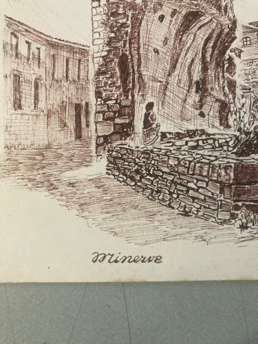 Dessin Encre Lavis Minerve Hérault Architecture 1970 A Identifier Art