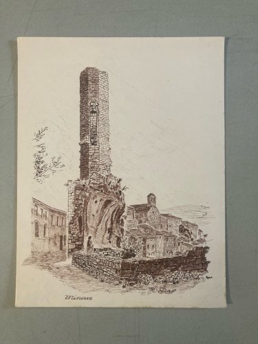 Dessin Encre Lavis Minerve Hérault Architecture 1970 A Identifier Art