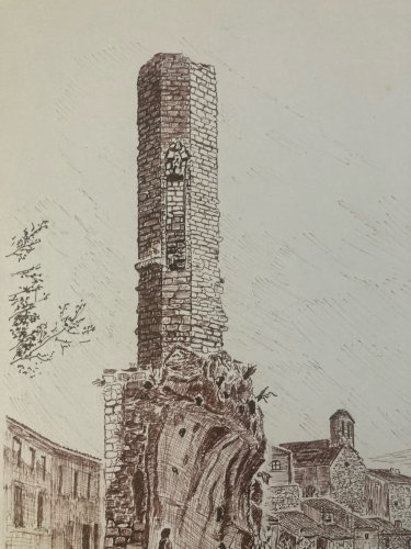 Dessin Encre Lavis Minerve Hérault Architecture 1970 A Identifier Art