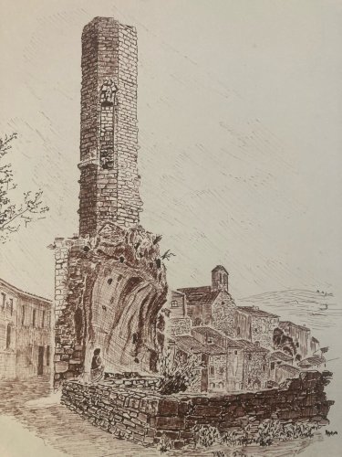 Dessin Encre Lavis Minerve Hérault Architecture 1970 A Identifier Art