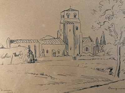 Ink Drawing Wash Landscape Louis Suire village of Bougneau 1947 Art