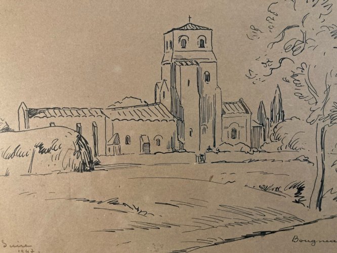 Dessin Encre Lavis Paysage Louis Suire village de Bougneau 1947 Art