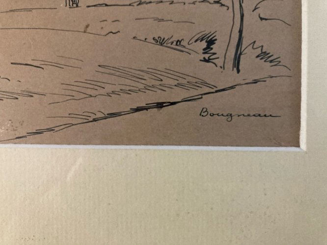 Dessin Encre Lavis Paysage Louis Suire village de Bougneau 1947 Art