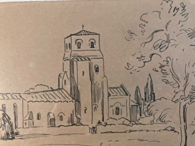 Dessin Encre Lavis Paysage Louis Suire village de Bougneau 1947 Art