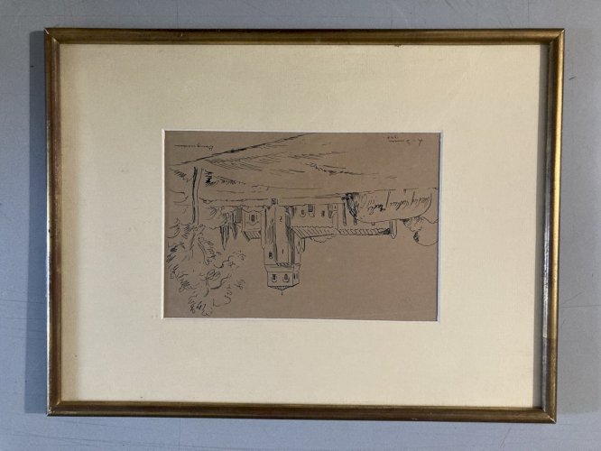 Dessin Encre Lavis Paysage Louis Suire village de Bougneau 1947 Art
