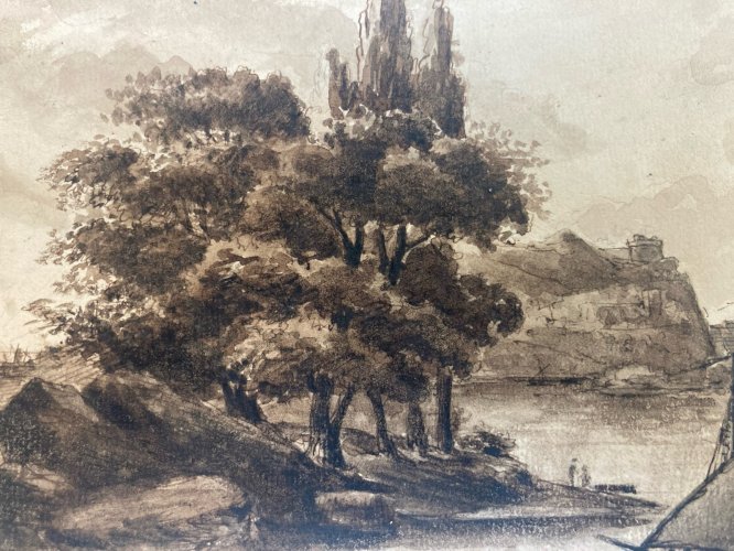 Dessin Encre Lavis XIXe Papier Bateau Port A Identifier Art Ancien