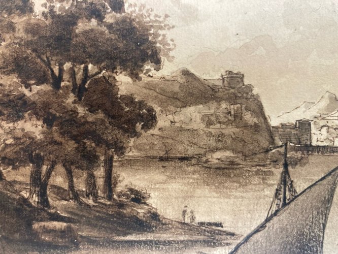 Dessin Encre Lavis XIXe Papier Bateau Port A Identifier Art Ancien