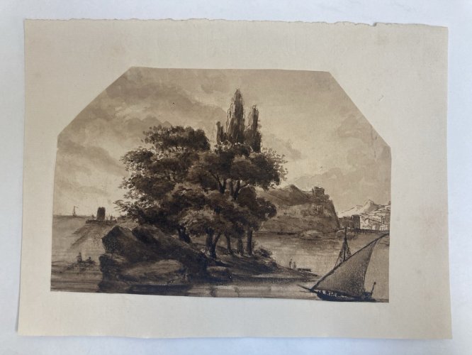 Dessin Encre Lavis XIXe Papier Bateau Port A Identifier Art Ancien