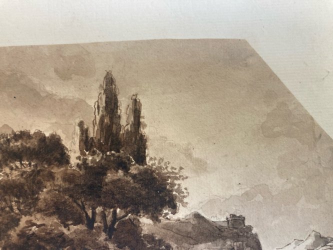 Dessin Encre Lavis XIXe Papier Bateau Port A Identifier Art Ancien