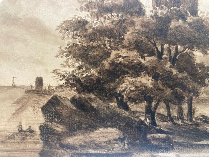 Dessin Encre Lavis XIXe Papier Bateau Port A Identifier Art Ancien