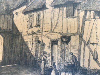 Dessin Encre Lavis XIXe Papier Blanchisseuses Linge A Identifier Art