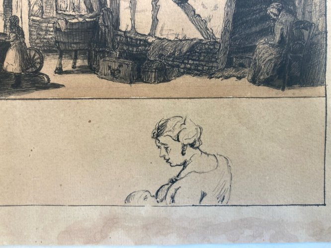 Dessin Encre Lavis XIXe Papier Blanchisseuses Linge A Identifier Art