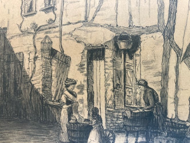 Dessin Encre Lavis XIXe Papier Blanchisseuses Linge A Identifier Art