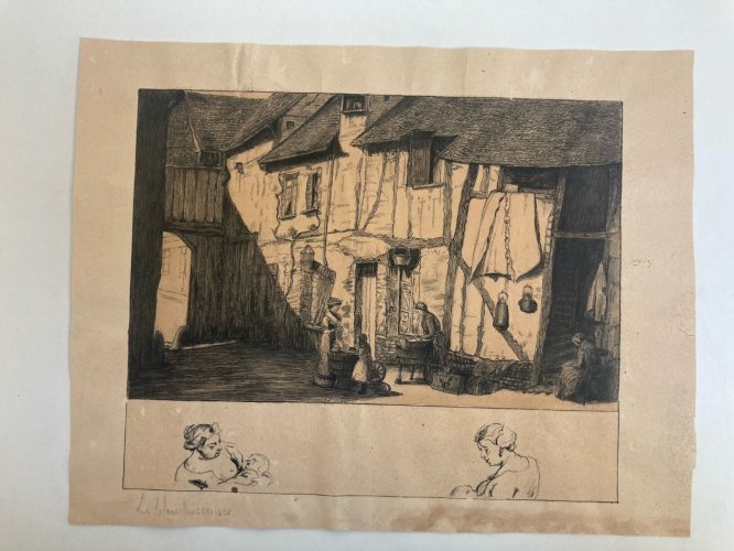 Dessin Encre Lavis XIXe Papier Blanchisseuses Linge A Identifier Art