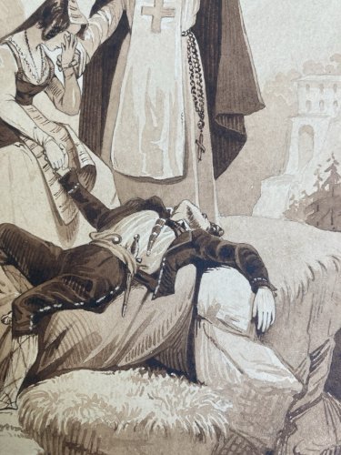 Dessin Encre Lavis XIXe Papier Religion Femme Mort A Identifier Art