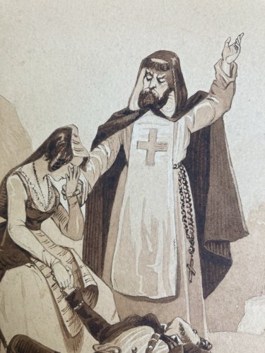 Dessin Encre Lavis XIXe Papier Religion Femme Mort A Identifier Art