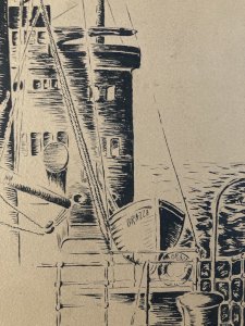 Dessin Encre noire 1920 brazza Bateau marine canneau bouée Art Deco