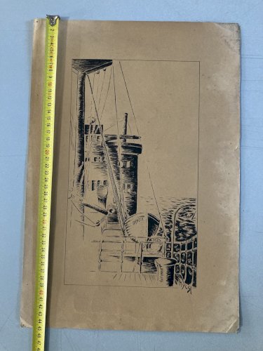 Dessin Encre noire 1920 brazza Bateau marine canneau bouée Art Deco